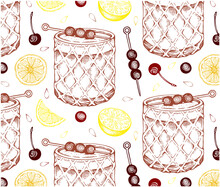 Sketch Hand Drawn Pattern Of Whiskey Sour Cocktail Isolated On White Background. Engraved Alcohol Drink In Glass, Yellow Lemon, Red Brandied Cherry, Bourbon. Bar Menu Wallpaper. Vector Illustration.