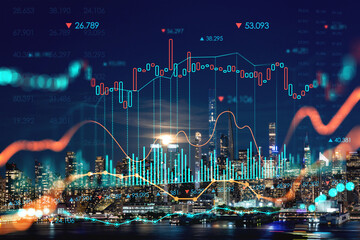 Wall Mural - New York City skyline from New Jersey over Hudson River with skyscrapers at night, Manhattan, Midtown, USA. Forex graph hologram. The concept of internet trading, brokerage and fundamental analysis