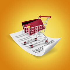 Wall Mural - Shopping cart with credit card inside on bill.online payment concept bill payment online wallet.Bills and credit cards are on mobile with coins around.vector