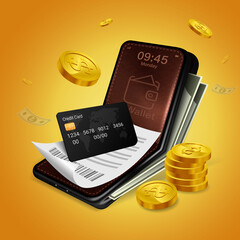 Wall Mural - Pay bills and credit cards on your smartphone.mobile wallet application concept.Bills and credit cards are on mobile with coins around.online payment concept bill payment online wallet.vector