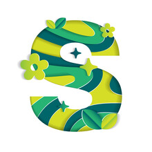 S Alphabet Character Environmental Eco Environment Day Leaf Font Letter Cartoon Style Abstract Paper Sparkle Shine Green Mountain Geography Contour Map 3D Paper Layer Cutout Card Vector Illustration
