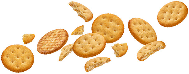 Wall Mural - Falling round cheese crackers isolated on white background