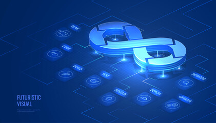 Devops in digital futuristic style. The infinity sign as a symbol of the software development life cycle. Isometric vector illustration with light effect and neon.
