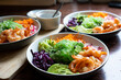 Shrimp Poke Bowl with Seaweed, Avocado, Cucumber, Radish, Cabbage, Sesame Seeds and Teriyaki Sauce