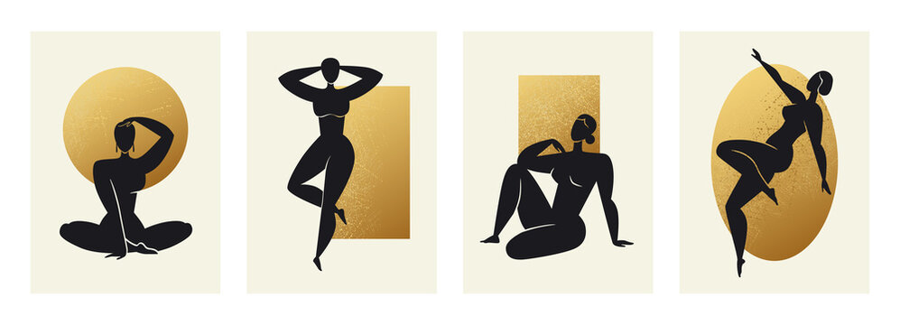 abstract woman art. minimal female body with magic boho figures on gold geometric forms background, 