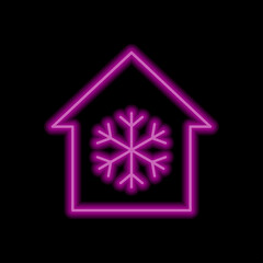 Wall Mural - Snow, house simple icon. Flat design. Purple neon style on black background.ai