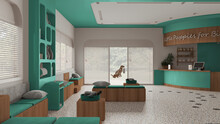 Veterinary Hospital Waiting Room In Turquoise And Wooden Tones. Sitting Room With Benches And Pillows And Reception Desk. Bookshelf With Pet Food And Water Cooler. Interior Design