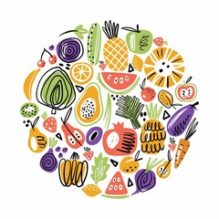 Round vector illustration with fruits and vegetables in Scandinavian style.