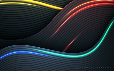 Wall Mural - black abstract wavy dimension background with colorful light decoration