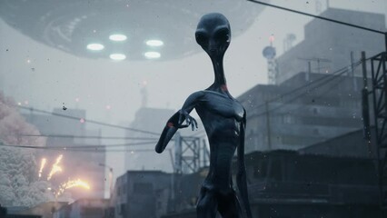 Poster - an alien stands in a ruined city against a backdrop of explosions and his spaceship. aliens from spa