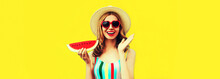 Summer Portrait Of Happy Smiling Surprised Woman With Fresh Slice Of Watermelon Wearing Straw Hat, Red Heart Shaped Sunglasses On Yellow Background, Blank Copy Space For Advertising Text