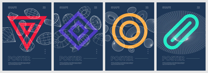Fototapete - Contemporary composition artwork with strange wireframes of geometrical shapes and colored geometric figures, modern design inspired by brutalism, abstract vector set posters, banners