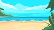 Cartoon landscape of a tropical beach with sand, tropical plants and an island on the horizon.