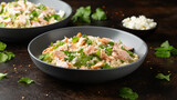 Fototapeta  - Salmon Couscous salad with feta cheese dressing and herbs. healthy food.