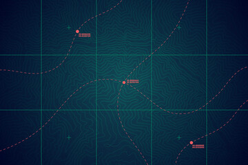 Wall Mural - Top View Of The Mountain Range Vector Detailed Topographic Contour Map Abstract Green Blue Background. Game Conceptual UI GPS Satellite Navigation Relief Terrain Cartography Art Illustration