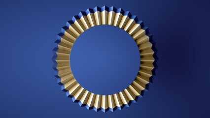 3d render, abstract blue and gold background, blank banner with round frame, showcase for product presentation, top view