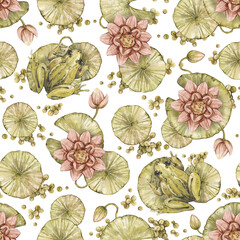 Watercolor seamless pattern with leaves water lily flowers and buds, swamp slime and frogs on white. Swamp collection.