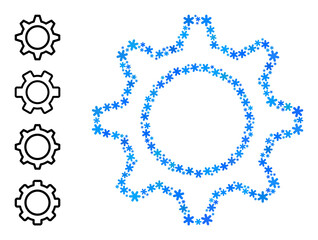 Wall Mural - Mosaic contour gear icon is constructed for winter, New Year, Christmas. Contour gear icon mosaic is composed with light blue snow icons. Some similar icons are added.