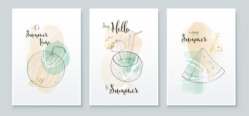 Wall Mural - Summer tropical wall arts background. Watermelon slice, coconut coctail, drink line arts. Watercolor background design for wall framed prints, canvas prints, poster, home decor, t shirt, wallpaper
