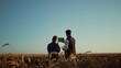 © stockbusters - Agriculture workers holding pad computer inspecting cultivated wheat harvest.