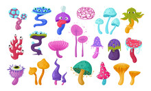 Magic Alien Psychedelic Mushrooms, Hallucinogenic Forest Plants. Cartoon Hallucinogenic Fairytale Forest Alien Mushrooms With Faces Vector Symbols Illustrations Set. Psychedelic Mushrooms Collection