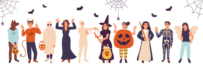 Wall Mural - Halloween party people wearing masquerade costumes, ghost, mummy and witch characters. Autumn spooky holiday event costumes vector symbols illustration set. Cartoon masquerade characters