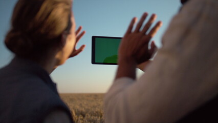 Wall Mural - Couple holding chroma key pad computer at cultivated grain harvest sunlight.