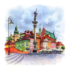 Watercolor sketch of Castle Square in Warsaw Old town, Poland.