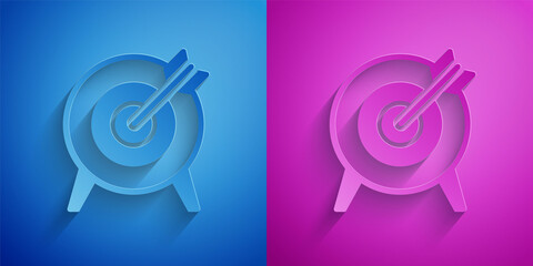 Poster - Paper cut Target financial goal concept icon isolated on blue and purple background. Symbolic goals achievement, success. Paper art style. Vector