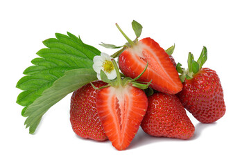 Wall Mural - handful of ripe red strawberry and green leaf isolated on white background, juicy and tasty berry