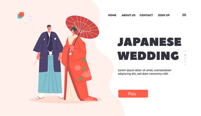 Wall Mural - Japanese Wedding Landing Page Template. Asian Couple Wear Traditional Costumes, Bride and Groom Characters