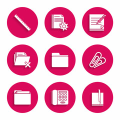 Sticker - Set Document folder, Telephone, File document, Paper clip, Delete, Blank notebook and pencil with eraser and Ruler icon. Vector