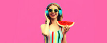 Summer Colorful Portrait Of Cheerful Happy Smiling Young Woman Model Posing In Headphones Listening To Music With Juicy Slice Of Watermelon On Pink Background, Blank Copy Space For Advertising Text