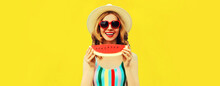 Summer Portrait Of Happy Smiling Woman With Fresh Slice Of Watermelon Wearing Straw Hat, Red Heart Shaped Sunglasses On Yellow Background, Blank Copy Space For Advertising Text