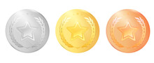 Vector Medals Logo Collection. Set Of Shiny Round Awards In Gold, Silver And Bronze Colors. Luxury Winners Emblems. First, Second And Third Place Reward
