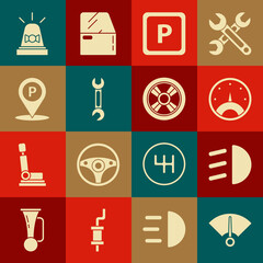 Poster - Set Speedometer, High beam, Parking, Wrench, Location with parking, Flasher siren and Car wheel icon. Vector