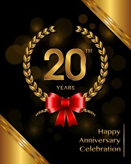 20 years anniversary celebration logotype with golden laurel and wreath, for booklet, leaflet, magazine, brochure poster, banner, web, invitation or greeting card. Vector illustrations.