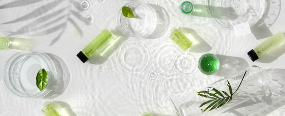 Cosmetic skincare background. Herbal medicine with green leaves. Natural sunlight, long shadows. Splashes of water, splashes. Chemical glassware, petri dishes, vials. Natural skincare background.