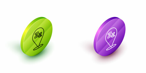 Sticker - Isometric line Sleepy icon isolated on white background. Sleepy zzz black talk bubble. Green and purple circle buttons. Vector