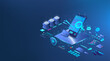 © SergeyBitos - Digital documents, smart contract, agreements and treaty online. Isometric blue illustration smart contract concept. Digital format agreements with electronic documents. Signature, fingerprint in App