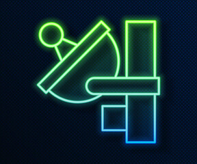 Poster - Glowing neon line Radar icon isolated on blue background. Search system. Satellite sign. Vector