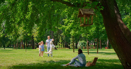 Wall Mural - Father training labrador with children in park. Mother watching game with dog.