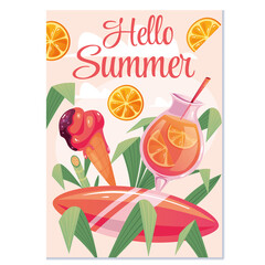 Wall Mural - Hello summer flyer poster cover concept. Vector flat cartoon graphic design illustration