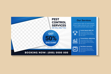 Wall Mural - pest control services banner template design with an image and text placement, professional eye-catchy colorful design. Standard for web page banner and social media post, horizontal vector layout.