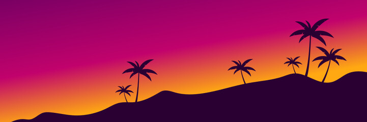 summer vibes, silhouette illustration of a hill with coconut trees in a unique color of the twilight