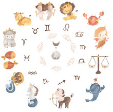 Watercolor Zodiac Signs, Horoscope Illustration For Kids