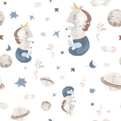  Watercolor capricorn seamless pattern, zodiac signs, horoscope illustration for kids