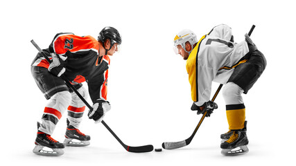 Wall Mural - Two professional hockey players start the game. Fight for the puck. Sports emotions. Hockey concept. Isolated