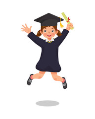 Wall Mural - cute little girl student in graduation gown holding certificate diploma jumping in happy graduation day
