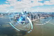 Aerial panoramic helicopter city view on Lower Manhattan district and financial Downtown, New York, USA. Startup company, launch project to seek and develop scalable business model, hologram